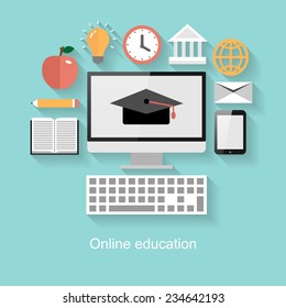 Online education concept, flat design with long shadow on turquoise background  