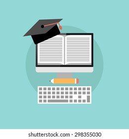 Online education concept, flat design of monitor with book, mortarboard and keyboard with long shadow on turquoise background