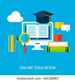 Online Education Concept. Flat Design Vector Illustration. Online Tutorial and School Studying Poster.