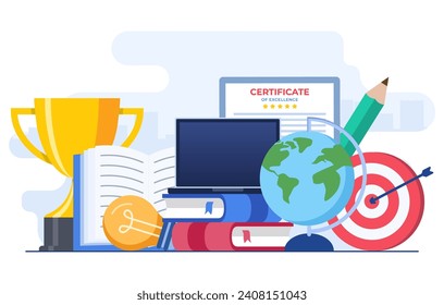 Online education concept flat illustration vector template, Gain knowledge and skills on internet, Watch video lectures, Graduate university, Online course, Online certificate, E-learning, Webinar