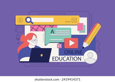 Online education concept in flat neo brutalism design for web. Student learning at video lessons, doing homework, searches information. Vector illustration for social media banner, marketing material.