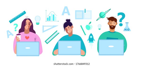 Online education concept in flat style with young cheerful female and male students, laptops, science icons. E-learning vector illustration with man, women, rulers, rocket, book, planet, bulb, letters
