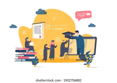 Online education concept in flat style. Graduating student gets diploma online scene. Distance learning service, professional courses banner. Vector illustration with people characters in situation.