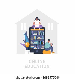Online education concept flat vector illustration. Big smartphone as a bookshelve, woman uses laptop, man is using smartphone. People reading and educating with gadgets
