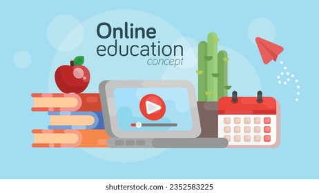 Online Education Concept. Flat Vector Illustration. Laptop with video course tutorial. Webinar design for websites, mobile apps and learning platform