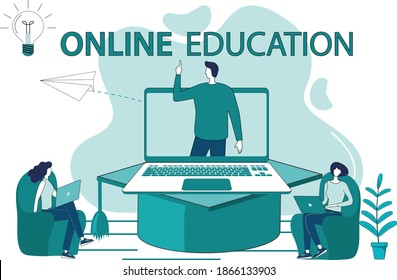 Online education.The concept of getting an education through a video conference.Advanced training courses online.People use a laptop and an online connection to get an education.