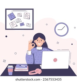 Online education concept with a girl, computer, books, headphones and coffee. Vector flat illustrations for distance learning, knowledge, school topics.