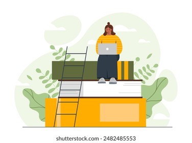 Online education concept. A girl with a laptop sits on a stack of books. Learning and studying. The student preparing for a test or exam. Cartoon flat vector illustration isolated on white background