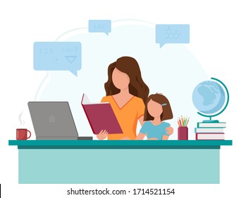 Online education concept. A girl is studying at the table with a computer and books. Mom helps daughter with lessons. 