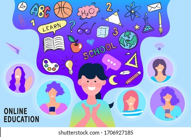 Online Education concept, Girl and woman character learning online, Modern flat design vector illustration.