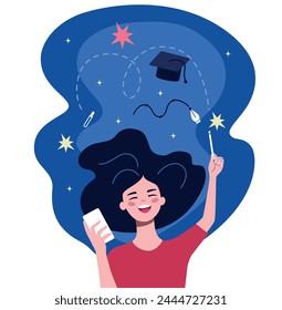 Online education concept. Happy girl in imagination and freedom inspiration. Creative or educational process. Flat style cartoon vector illustration. 