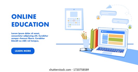 Online education concept. Online at Home. Books and laptop on desk. Can use for web banner. Flat isometric vector illustration isolated on white background.