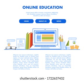 Online education concept. Online at Home. Books, laptop, stationery on line. Can use for web banner and article. Flat isometric vector illustration isolated on white background.