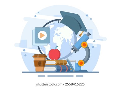 Online education concept, Home education. College homework. Study at home with computer. PC computer with world map, graduation cap, lamp, apple on isolated background, Digital marketing illustration.