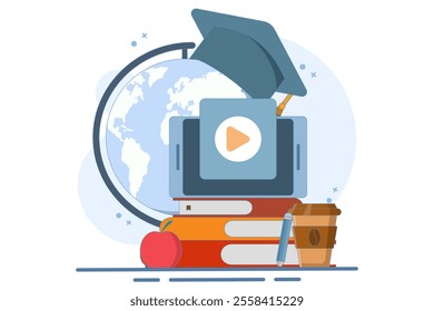 Online education concept, Home education. College homework. Study at home with computer. PC computer with world map, graduation cap, lamp, apple on isolated background, Digital marketing illustration.