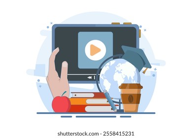 Online education concept, Home education. College homework. Study at home with computer. PC computer with world map, graduation cap, lamp, apple on isolated background, Digital marketing illustration.