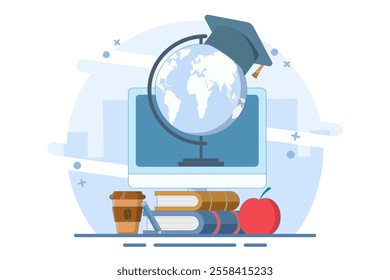 Online education concept, Home education. College homework. Study at home with computer. PC computer with world map, graduation cap, lamp, apple on isolated background, Digital marketing illustration.