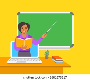 Online education concept. Home education during quarantine. Distance learning by computer. Black woman teacher in virtual class holds open book and points to a blackboard. Cartoon vector illustration