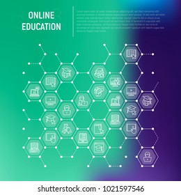 Online education concept in honeycombs with thin line icons: online course, webinar, e-book, video conference, home studying, owl in graduation cup. Modern vector illustration for school web page.