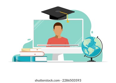 Concepto de educación en línea, Computadora en pantalla humana con título, mapa mundial, libro sobre antecedentes aislados, ilustración de marketing digital.