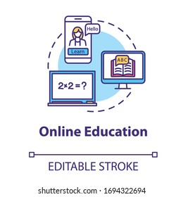 Online education concept icon. E learning with laptop. Internet workshops and masterclasses. Remote learning idea thin line illustration. Vector isolated outline RGB color drawing. Editable stroke