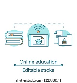 Online education concept icon. E-learning idea thin line illustration. Electronic learning. Digital library. E-book. Vector isolated outline drawing. Editable stroke