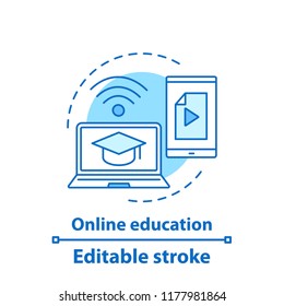 Online education concept icon. Interactive training idea thin line illustration. Online courses. Educational software. Study program. Vector isolated outline drawing. Editable stroke