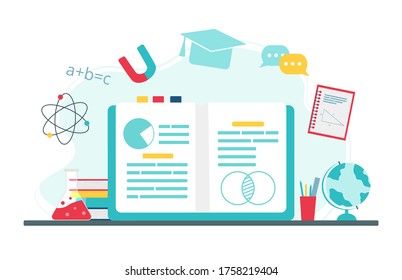 Online education concept. Icons for education, online learning infographics design, web elements, Physics, chemistry, geography, mathematics school subjects. Vector illustration in flat style. 