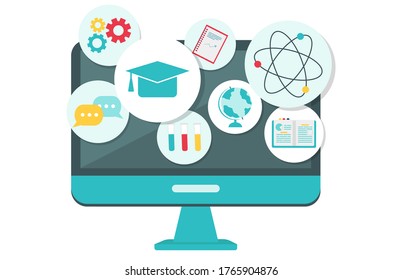 Online education concept. Icons for education, online learning infographics design, web elements, Chemistry, geography, mathematics school subjects. Vector illustration in flat style. 