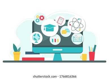 Online education concept. Icons for education, online learning infographics design, web elements, Chemistry, geography, mathematics school subjects. Vector illustration in flat style. 