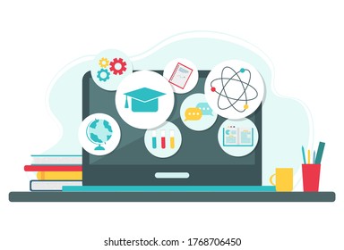 Online education concept. Icons for education, online learning infographics design, web elements, Chemistry, geography, mathematics school subjects. Vector illustration in flat style. 