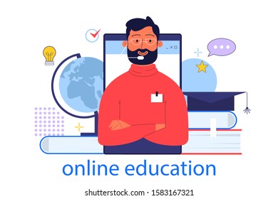 Online education concept. Idea of study remotely using internet. Idea of e-learning and knowledge, online courses. Isolated flat illustration