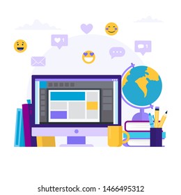 Online education concept illustration with a computer and different books. Vector illustration in flat style