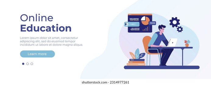 Online education concept. Illustration in flat style with man studying remotely. Vector layout for website page. Online learning at home. Vector illustration EPS 10