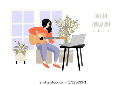 Online Education Concept Illustration With A Girl Looking At A Laptop Monitor And Playing Guitar. Distance Learning Music