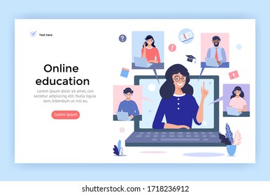 Online education concept illustration. Smiling people using  headphones  for a video call. Perfect for web design, banner, mobile app, landing page, vector flat design.