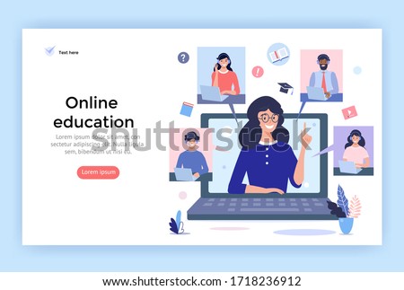 Online education concept illustration. Smiling people using  headphones  for a video call. Perfect for web design, banner, mobile app, landing page, vector flat design.