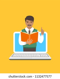 Online education concept. Indian man teacher holds open book and lifts a finger up to share knowledge on web. Cartoon vector illustration. Distance learning by computer. Virtual library on internet