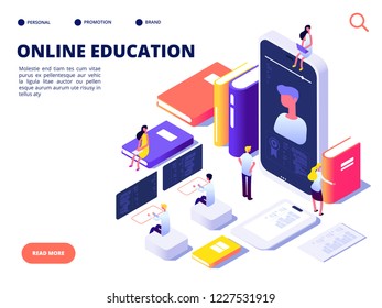 Online education concept. Internet class training and on-line course. Educate on distance. Isometric vector illustration
