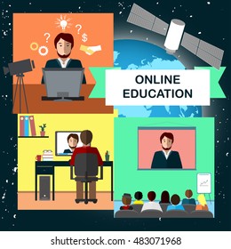 Online education concept with internet conference and satellite in cosmos
