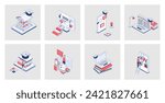 Online education concept of isometric icons in 3d isometry design for web. E-learning platform, distant study at school, college or university, virtual library wtih digital books. Vector illustration