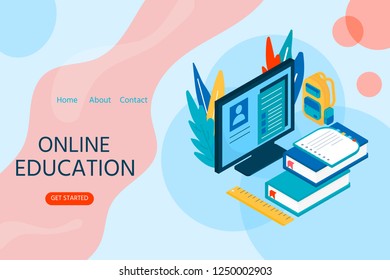 Online education concept. Isometric illustration with book and computer for training courses, tutorials, lectures, specialization, teaching, language learning, university studies.