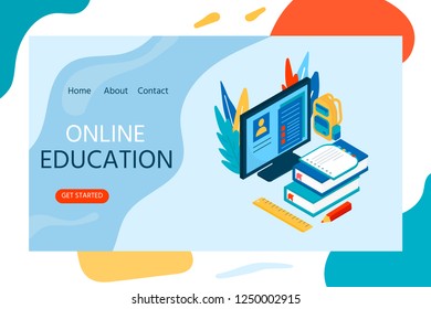 Online education concept. Isometric illustration with book and computer for training courses, tutorials, lectures, specialization, teaching, language learning, university studies.