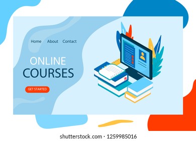 Online education concept. Isometric illustration with book and computer for training courses, tutorials, lectures, specialization, teaching, language learning, university studies.Vector