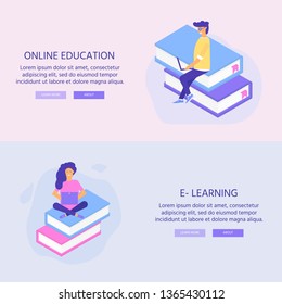 Online education concept. Isometric illustration with mobile template for app. People with book and computer for training courses, tutorials, lectures, specialization, teaching, language learning
