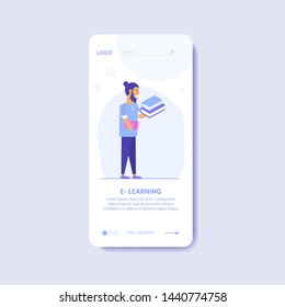 Online education concept. Isometric illustration with mobile template for app. People with book and computer for training courses, tutorials, lectures, teaching, language learning, university studies.
