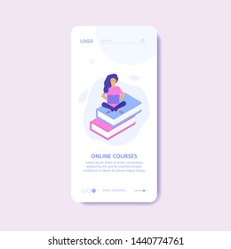 Online education concept. Isometric illustration with mobile template for app. People with book and computer for training courses, tutorials, lectures, teaching, language learning, university studies.