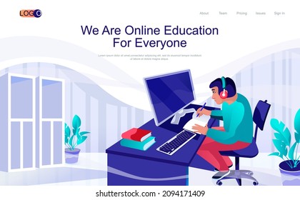 Online education concept isometric landing page. Student watches video lesson, remote learning from home, 3d web banner with people scene. Vector illustration in flat design for website template