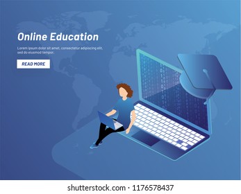 Online Education concept, isometric laptop with binary coding, girl preparing online on blue world map background for landing page design.