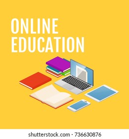 Online education concept. Isometric laptop, phone, books colored on yellow background. Vector illustration